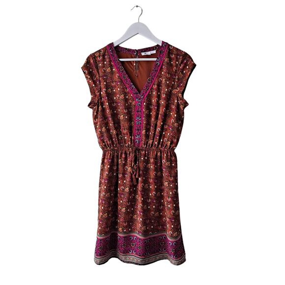 DR2 Dark Cinnamon Vneck Cap Sleeve Elastic Waist Border Print Floral Dress - S - Picture 13 of 13